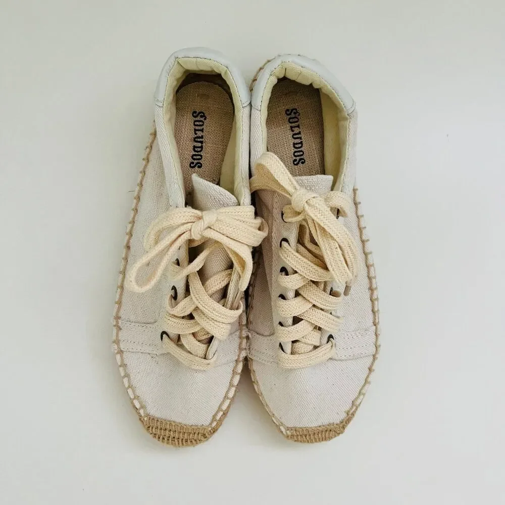 SOLUDOS Izzy Ivory Canvas Espadrille Lace Up Sneakers - US 7